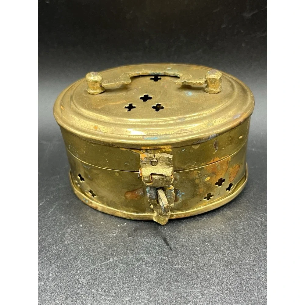 Brass Cricket Box Hinged‎ Pierced Trinket Box w/ Handle Handmade 1970s Vintage